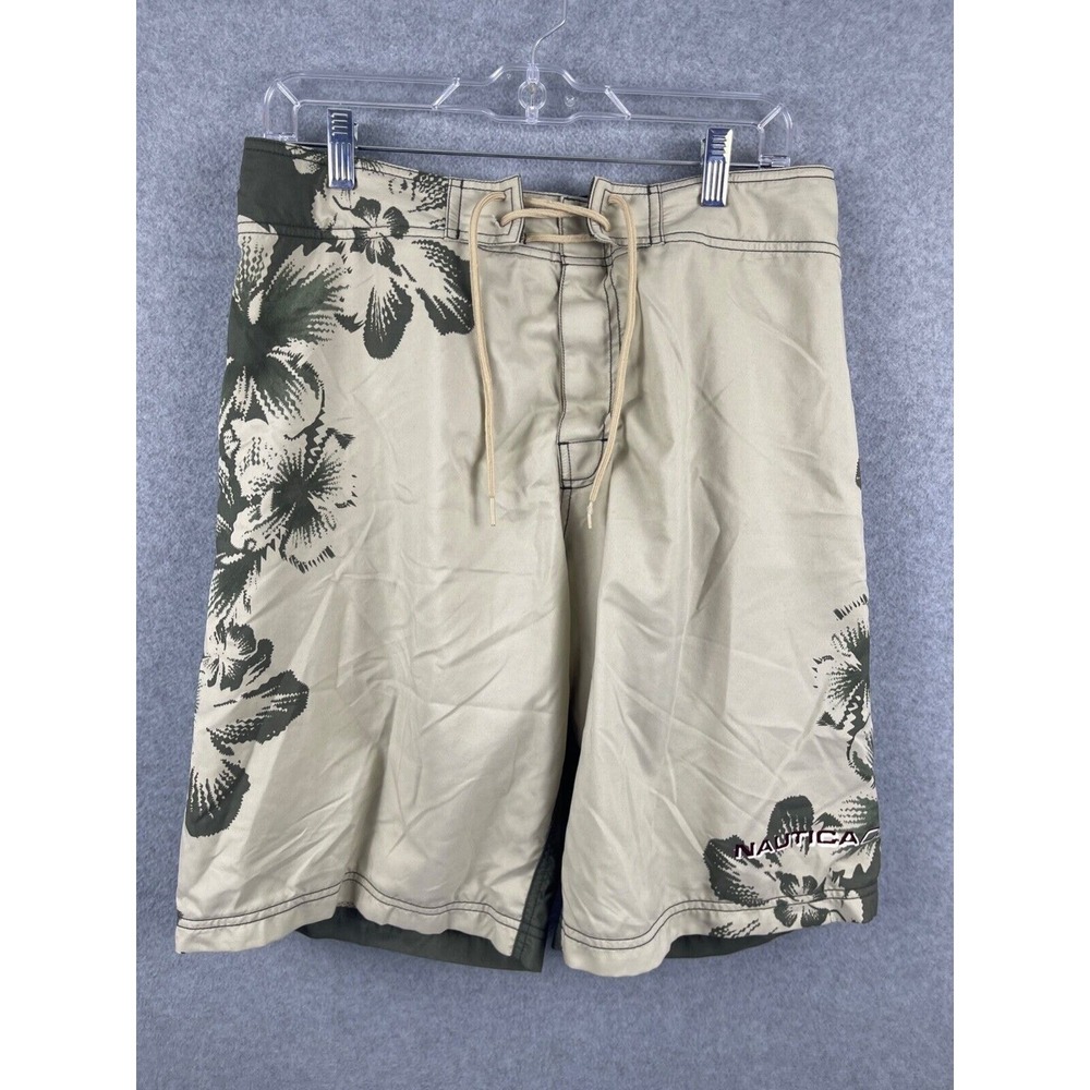 Men's Nautica Competition Shorts Lined‎ Swim Trunks Floral Brown Green 32